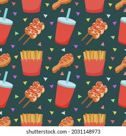 Modern food seamless pattern with fried chicken, french fries, cola, and meatball. Food pattern background. Good for wallpaper, backdrop, wrapping paper, fashion fabric pattern