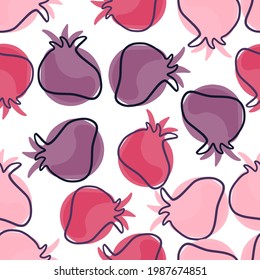 Modern food seamless pattern with pink and purple contoured abstract pomegranate print. Isolated ornament. Decorative backdrop for fabric design, textile print, wrapping, cover. Vector illustration.