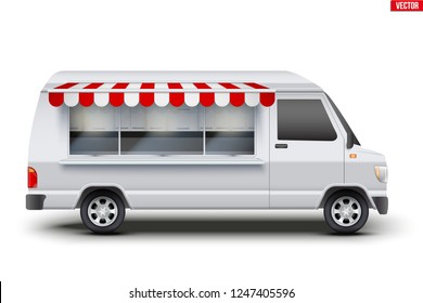 Modern Food Truck. Coffee And Fast Food Van With Window And Tent. White Color. Editable Vector Illustration Isolated On White Background.