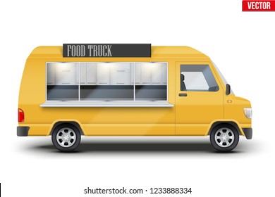 Modern Food Truck. Fast Food Van With Window And Signboard. Yellow Color. Editable Vector Illustration Isolated On White Background.