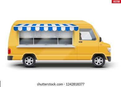 Modern Food Truck. Fast Food Van With Window And Tent. White Color. Editable Vector Illustration Isolated On White Background.