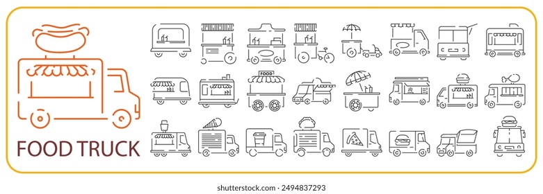 Conjunto de iconos de línea de camiones de comida moderna. Icono moderno de la comida de la calle del contorno para el Diseño web aislado sobre fondo blanco