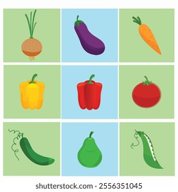 modern food vegetable set in vector illustration  eggplant, carrots and tomatoes onion etc.