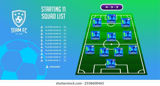 modern football game plan formation board. starting eleven illustration. Football graphic for soccer starting lineup squad, Soccer line up, Football starting XI.