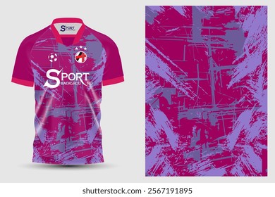 A modern football shirt design. The shirt has a base of dark purple and bright pink, which makes it stand out and catch the eye. The pattern used is a mix of blue and gray.