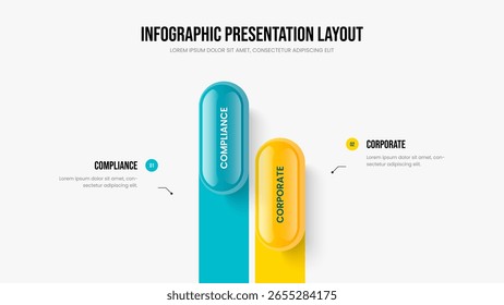 Modern Forecast 2 Step Infographic Frame Layout. Market Performance Two Element Diagram Presentation Design. Company Introduction Slideshow Template Vector Illustration.