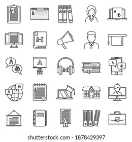 Modern foreign language teacher icons set. Outline set of modern foreign language teacher vector icons for web design isolated on white background