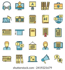 Modern foreign language teacher icons set. Outline set of modern foreign language teacher vector icons thin line color flat on white