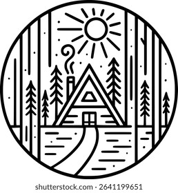 Modern forest cabin line art illustration in black and white featuring an A-frame house in pine trees with circular border design perfect for wall art posters t-shirts branding and digital products