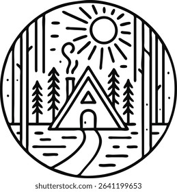 Modern forest cabin line art illustration in black and white featuring an A-frame house in pine trees with circular border design perfect for wall art posters t-shirts branding and digital products
