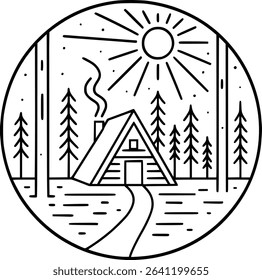 Modern forest cabin line art illustration in black and white featuring an A-frame house in pine trees with circular border design perfect for wall art posters t-shirts branding and digital products