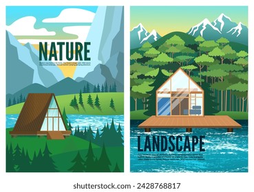 Cabaña de chalet de casa de bosque moderna en la naturaleza. Camping glamping casa de campo contemporánea en el fondo de paisaje alpino. Ilustración de póster o cubierta de vector. Soleada mañana Europea naturaleza salvaje vista panorámica.