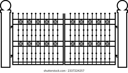 Modern forged gates, Gate icons, portal signs, Decorative metal gates with swirls, arrows, and ornaments, Vector illustration