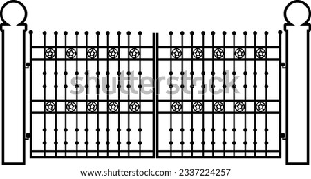 Modern forged gates, Gate icons, portal signs, Decorative metal gates with swirls, arrows, and ornaments, Vector illustration