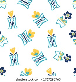 Modern forget-me-not and daffodil flowers in aztec style pots. Seamless vector pattern background. Hand drawn blue yellow florals and vases backdrop. Tossed botanical repeat for wellness, packaging