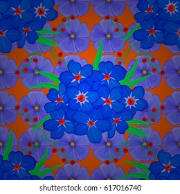 Modern forget-me-not flower pattern with royal flowers. Colored orient pattern on a orange background. Seamless floral ornament.