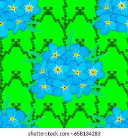Modern forget-me-not flower pattern with royal flowers. Colored orient pattern on a green background. Seamless floral ornament.