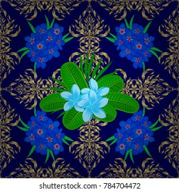 Modern forget-me-not flower pattern with royal flowers. Colored orient pattern in green and blue colors. Seamless floral ornament.