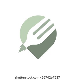 Moderno tenedor y hoja combinados en logo verde. Ideal para alimentos orgánicos, agricultura y marcas de estilo de vida saludable.