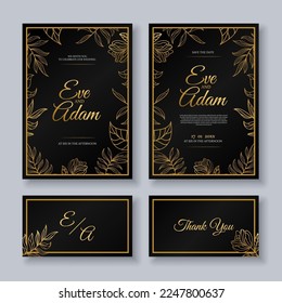 Plantilla moderna de invitación formal a la boda con un elemento floral dorado. Elegante y elegante invitación a la boda