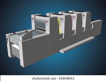 Modern four colors printing press used in graphic arts for advertising, publishing and print media. CMYK process. Vector illustration