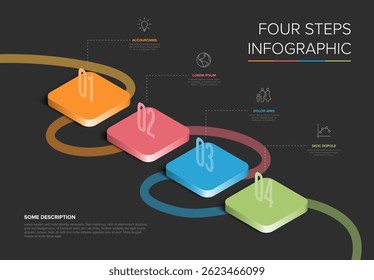 Moderna Plantilla de diseño infográfico de cuatro pasos con cubos de estilo isométrico. Infografía de proceso de cuatro pasos perfecta para ilustrar pasos, flujo de trabajo o etapas en presentaciones e informes comerciales