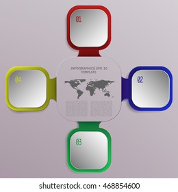 Modern four steps business infographics with 3D squares and world map. Colorful 4 option business diagram representing process, options, steps or concept. Modern template layout.