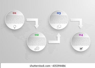 Modern four steps rounded infographics. Circular timeline with 4 options connected with arrows. Outline icons with dotted world map on background.