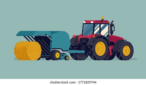 Modern four wheel drive tractor pulling round baler with hay bale rolling out. Baling process vector flat style illustration. Agriculture and farming concept design