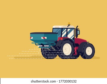 Modern four wheel drive tractor with centrifuge fertilizer spreader or broadcast spreader attachment. Field seeding or fertilizing process vector flat style illustration. Agriculture and farming