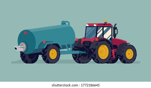 Modern four wheel drive tractor with slurry tank. Field fertilizing, liquid manure and muck spreading process vector flat style illustration. Agriculture and farming machinery