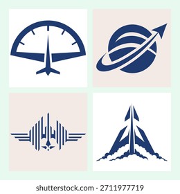 A modern four-icon aviation vector set featuring a stylized flight gauge, an orbital arrow symbol, a geometric winged emblem, and a vertical jet ascent illustration. Rendered in bold blue tones with clean shapes, these designs are ideal for aerospace branding, pilot training materials, engineering visuals, and aviation-themed graphic projects.