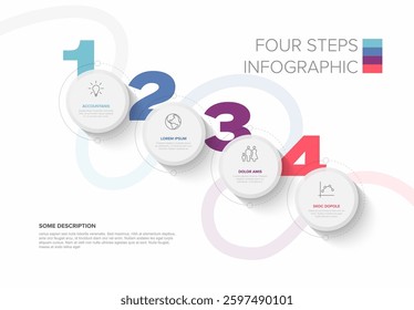 A modern four-step infographic with circular elements and numbered sections. It features clean typography, icons, and a minimalist style ideal for business or presentation visuals.