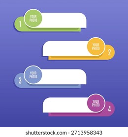 A modern four-step infographic template with rounded labels, photo placeholders, and colorful layered shapes on a purple gradient background, ideal for processes, timelines, or presentations.