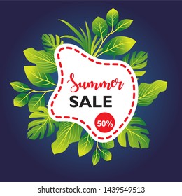 Modern frame design for your text with tropical exotic leaves and. Summer Sale text. The perfect Template for invitations, posters, banners, vector illustrations.