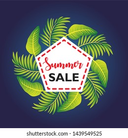 Modern frame design for your text with tropical exotic leaves and. Summer Sale text. The perfect Template for invitations, posters, banners, vector illustrations.