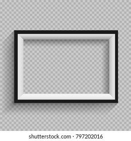 Modern frame furniture design. Rectangular horizontal plastic wooden or paper black and white shelf with shadow on transparent background. Portfolio gallery board template