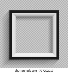 Modern frame furniture design. Square horizontal plastic wooden or paper black and white shelf with shadow on transparent background. Portfolio gallery board template