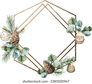 Modern frame with golden geometric borders in double rhombus shape. Spruce, fir, cedar branches, eucalyptus, pine cones, winter berries Greenery. Template for text, greeting cards, invitation, wedding