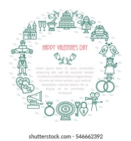 Modern frame with linear icons. Romance. Valentine's Day with the traditional attributes of a holiday and place for text