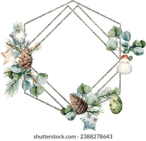 Modern frame with silver geometric borders in double rhombus shape. Spruce, fir, cedar branches, eucalyptus, pine cones, winter berries Greenery. Template for text, greeting cards, invitation, wedding