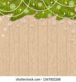 Modern frame with spruce branches on a light brown wooden background. Decorative card or invitation for the New Year or Christmas. Flat design. Place for text (copy space). Vector illustration.