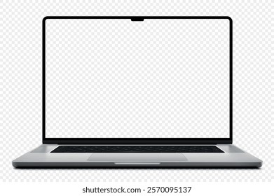 Modern frameless laptop with a blank screen, isolated on a transparent background. Ultra-high-detail photorealistic design provided in EPS 10 vector format. Perfect for versatile applications.