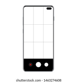 Modern frameless smartphone with mobile camera app screen template. Vector illustration