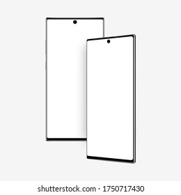 Modern frameless smartphones with front and perspective side view isolated on white background. Vector illustration