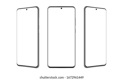Los modernos smartphones sin marco se burlan con pantallas en blanco, aislados en fondo blanco. Ilustración del vector