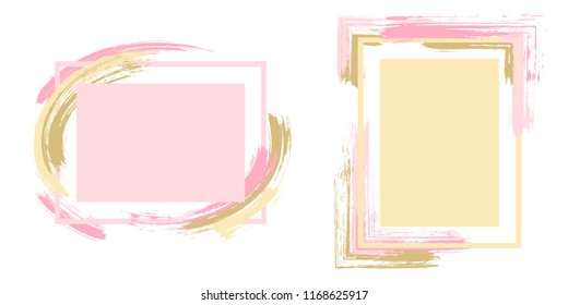 Modern frames with paint brush strokes vector set. Box borders with painted brushstrokes backgrounds. Advertising graphics design flat frame templates for banners, flyers, posters, cards.