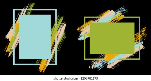 Modern frames with paint brush strokes vector set. Box borders with painted brushstrokes on black. Educational graphics design flat frame templates for banners, flyers, posters, cards.