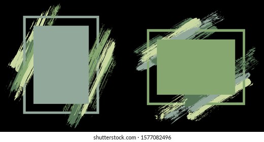 Modern frames with paint brush strokes vector set. Box borders with painted brushstrokes on black. Advertising graphics design flat frame templates for banners, flyers, posters, cards.