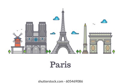 Modern france travel line landmark, paris panorama vector illustration. French eiffel tower, famous place notre dame and french triumphal arc